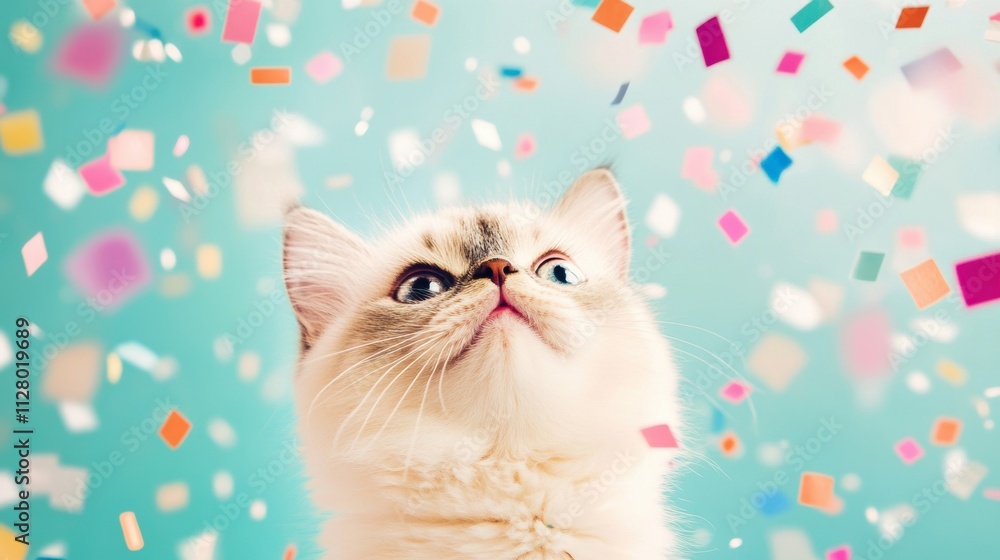 Poster a cute cat looks up with curiosity as vibrant confetti bursts around it, creating a playful and joyf