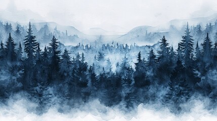 Misty blue forest landscape, mountains in background, watercolor style.