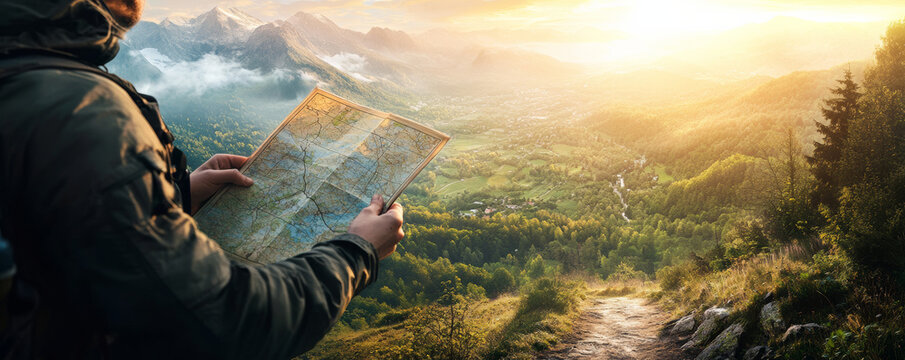 backpacker holding map on serene mountain path, surrounded by lush greenery and breathtaking sunrise, planning their journey through scenic valley below