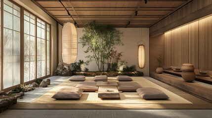 Fototapeta premium serene Japanese style tea room featuring tatami mats, natural decor, and soft lighting