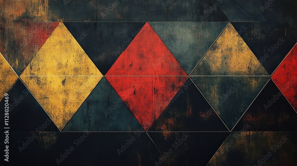 Poster dynamic abstract geometric art with triangles red yellow black texture