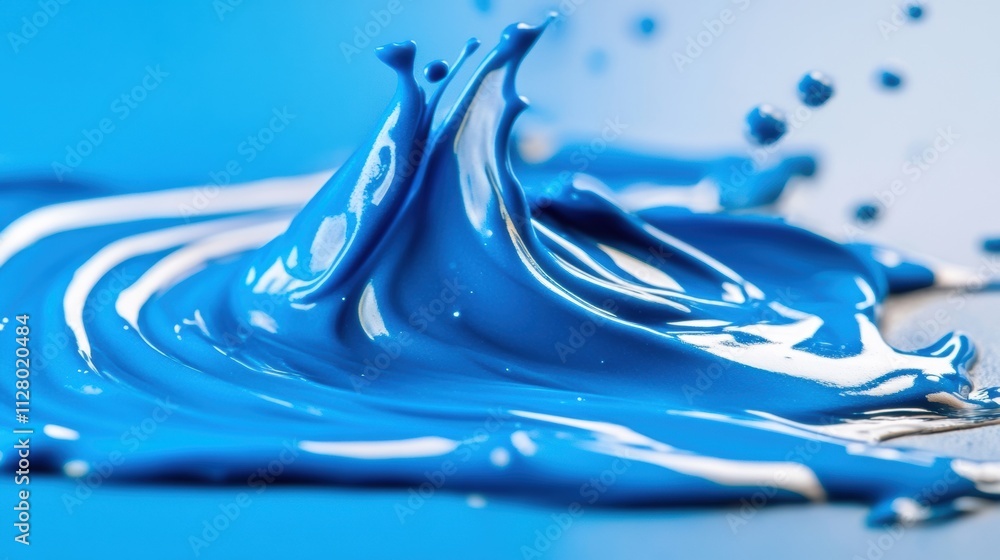 Poster close-up view of a smooth blue gel texture with splashes and droplets, showcasing fluid dynamics and