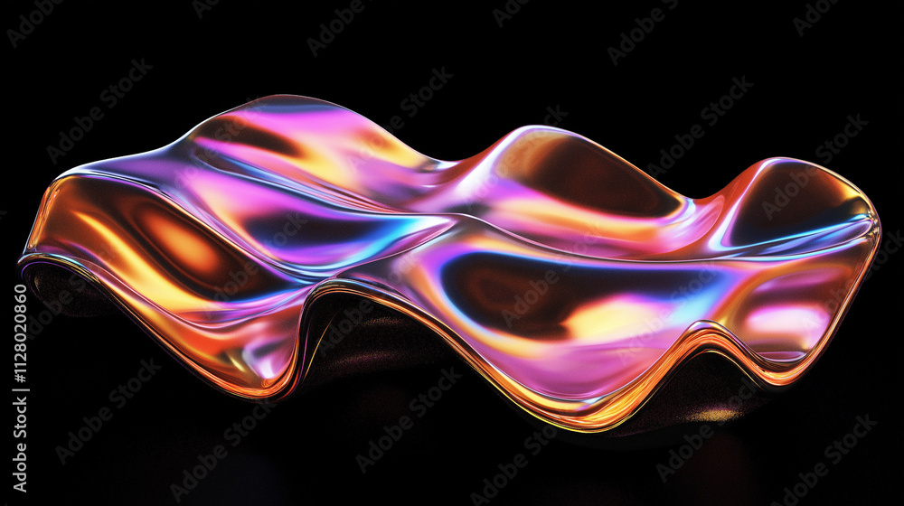 Poster 3d render of a fluid holographic abstract shape on a black background, featuring a metallic liquid w