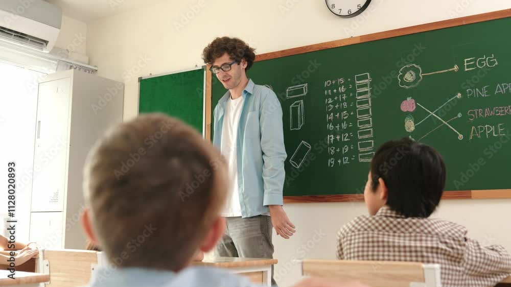 Poster professional mentor looking around classroom while standing in front of blackboard with math formula