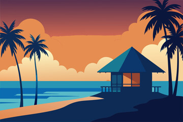 Obraz premium Hut on a tropical beach with palm trees isolated vector illustration