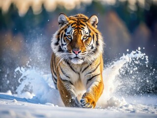 Fototapeta premium A Siberian tiger, majestic winter predator, caught candidly amidst a snow-covered landscape.
