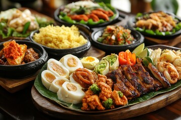 Delicious Asian food platter with rice, meat, eggs, and vegetables.