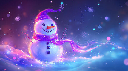 Obraz premium Cheerful snowman wearing a scarf, glowing snowflakes falling softly, ideal winter holiday banner background-1