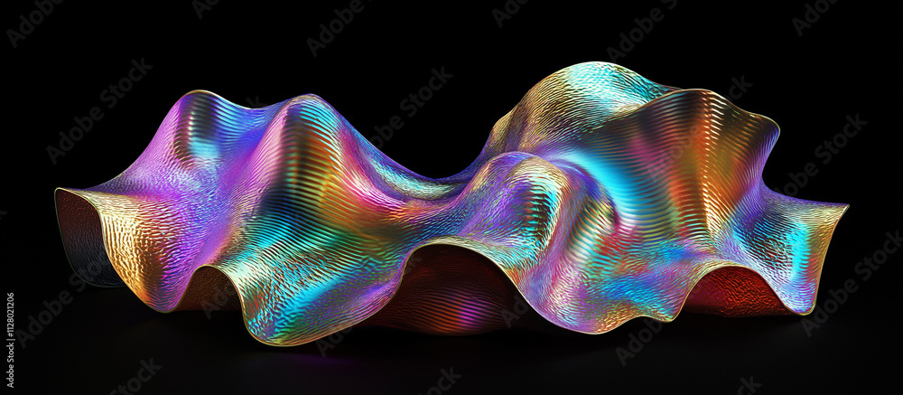 Poster 3d render of a fluid holographic abstract shape on a black background, featuring a metallic liquid w