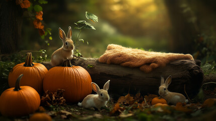 Bunnies relax among pumpkins in a serene autumn forest setting during golden hour Newborn backdrop