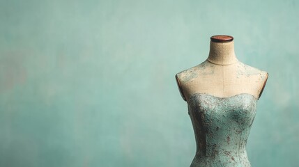 A vintage dress form mannequin with a worn, distressed texture, set against a faded blue wall, evoking nostalgia and craftsmanship.
