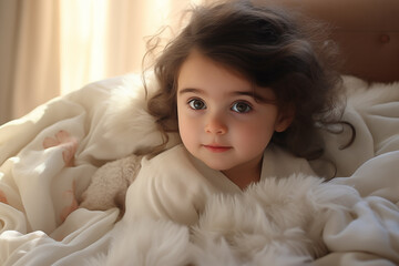 Young child with curly hair and bright eyes relaxes in soft, fluffy blankets during calm morning. Gentle light creates a serene atmosphere in room.