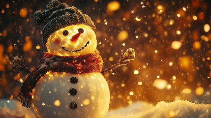 Obraz premium Cheerful snowman wearing a scarf, glowing snowflakes falling softly, ideal winter holiday banner background-2