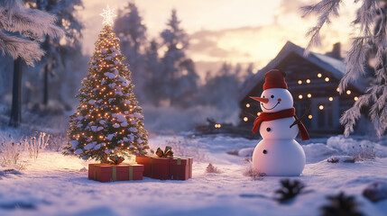 Fototapeta premium Christmas tree, snowman, and a gift box in a snowy scene with room-2