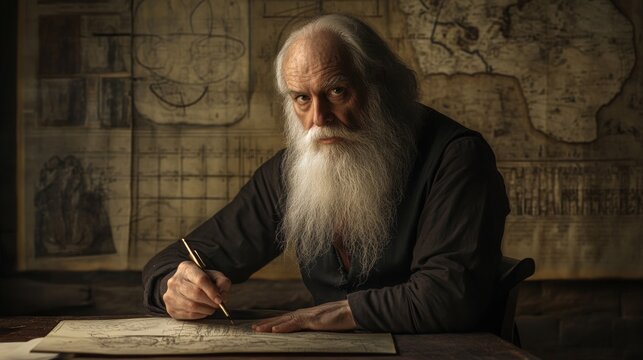 Here's a 10-word description: Aged cartographer meticulously draws map, surrounded