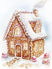 Enchanting Watercolor Gingerbread House Christmas Sweets Winter Holiday