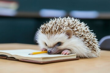 Cute Hedgehog with Pencil on an Open Notebook