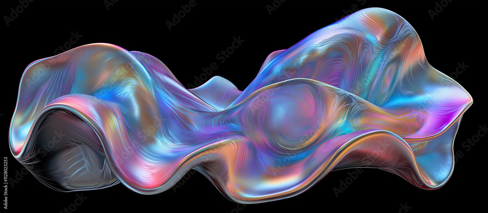 Poster 3d render of a fluid holographic abstract shape on a black background, featuring a metallic liquid w