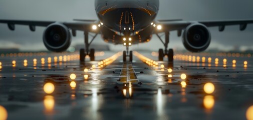 A close-up view of an airplane landing on a runway, illuminated by lights, amidst a moody, cloudy atmosphere.