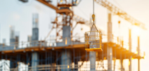 A construction site featuring cranes and a suspended lift basket, with a blurred background of rising structures during sunset.