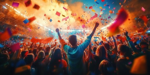 Obraz premium Football Celebration at the Stadium with Fans Cheering and Confetti in a Dynamic Scene