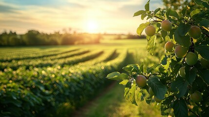 Naklejka premium Sunset over orchard with green plums on branch.