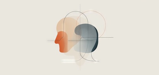 Abstract illustration of two heads in profile, symbolizing conversation and connection through overlapping shapes and dialogue bubbles.
