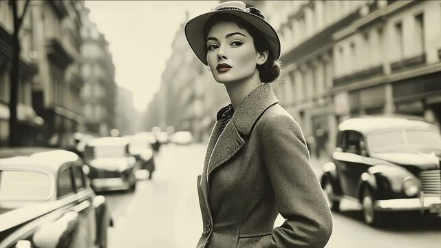 woman walking through Paris in 1950, vintage monochromatic