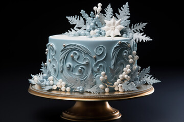 Stunning light blue cake features intricate swirls and delicate decorations, including white berries and frosty leaves, set against dark background.