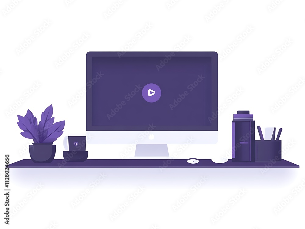 Poster modern workspace featuring a desktop computer and plants