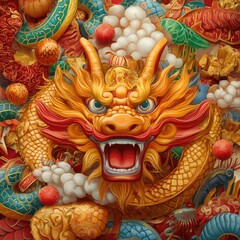 Fototapeta premium Majestic golden dragon sculpture cultural exhibit art display indoors close-up view symbol of power and wisdom