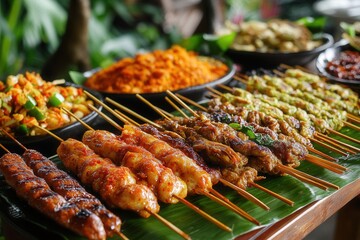 Delicious grilled satay skewers with various sauces and side dishes on a banana leaf.