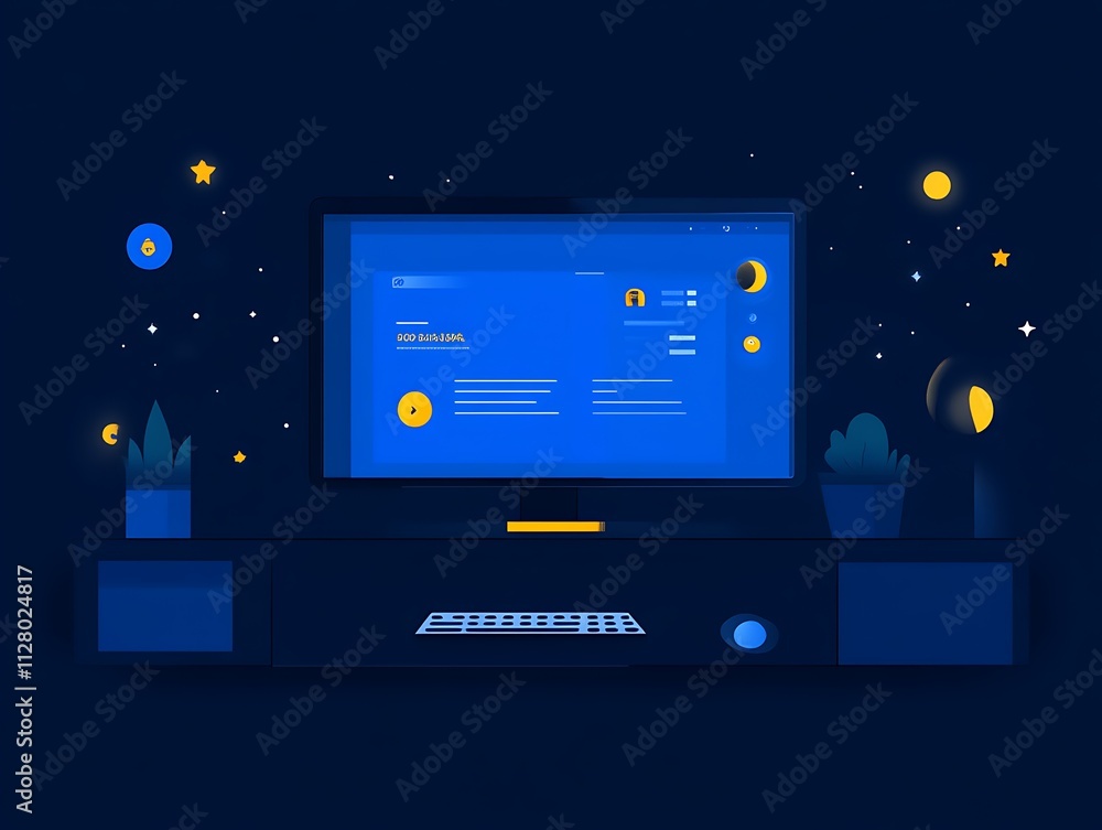 Poster nighttime desktop setup featuring a blue user interface