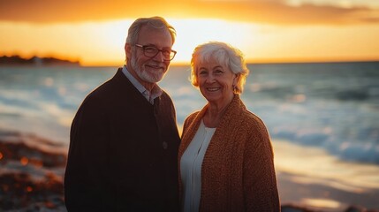 Fototapeta premium Elderly Couple Romantic Sunset Beach Vacation Celebration Love Anniversary Trip