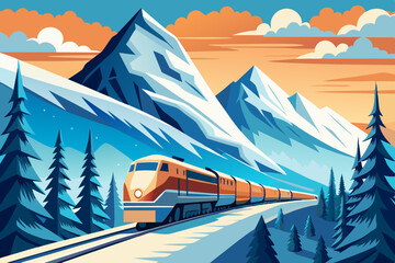 Train passing through snowy mountains isolated illustration background