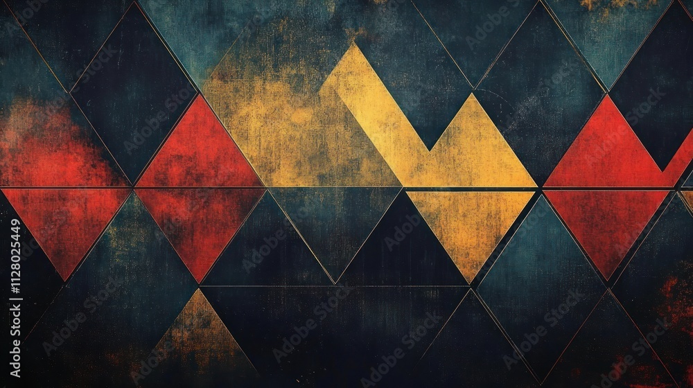 Poster dynamic abstract geometric art with triangles vibrant colors and grunge texture