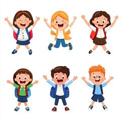 A cheerful cartoon illustration of happy school children standing together and celebrating success with joyful expressions. Perfect for stock images focused on education, teamwork,  isolated white