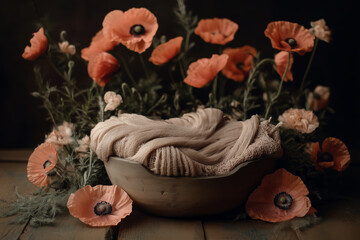Warm woolen yarn in a rustic bowl surrounded by vibrant poppy flowers Newborn backdrop
