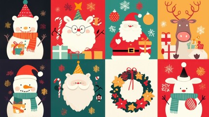 Fototapeta premium Whimsical Christmas Celebration: Festive Cartoon Illustrations