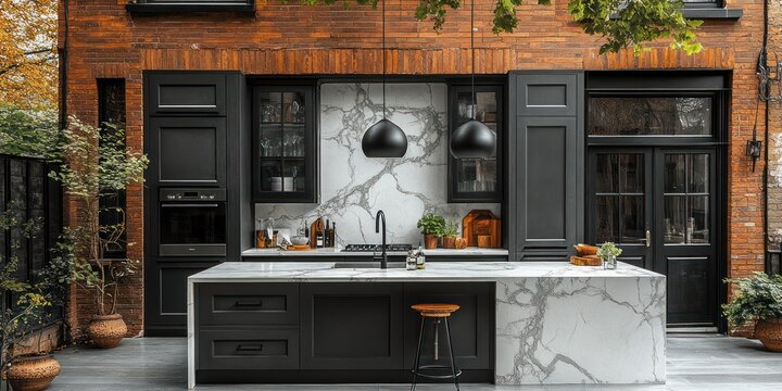Modern outdoor kitchen with black cabinets, marble countertops, and pendant lights against a brick wall.