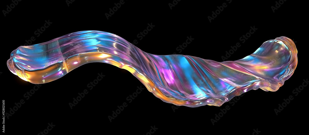 Poster 3d render of a fluid holographic abstract shape on a black background, featuring a metallic liquid w