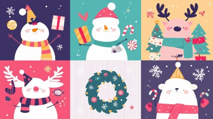 Whimsical Christmas Celebration: Festive Cartoon Illustrations