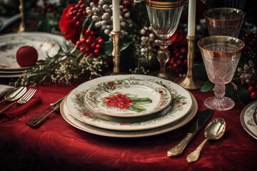 Naklejka premium Inviting table beautifully arranged for holiday celebration. Decorative plates feature vibrant floral designs.
