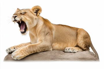 Obraz premium Lioness Yawning on Rocky Surface