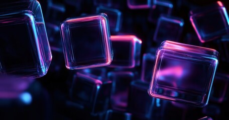 Futuristic Abstract Composition of Glowing Transparent Cubes with Neon Lights in Dark Environment