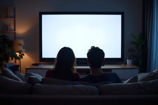 Back view of a couple watching tv in a couch at home. Blank screen view