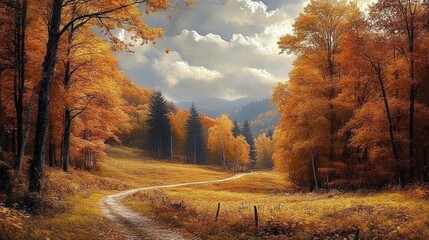Fototapeta premium Autumn Foliage Scenic Landscape with Winding Path and Soft Lighting