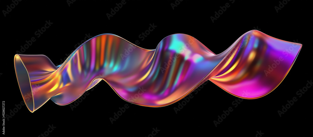 Poster 3d render of a fluid holographic abstract shape on a black background, featuring a metallic liquid w