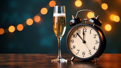 A black alarm clock sits on a table next to a glass 