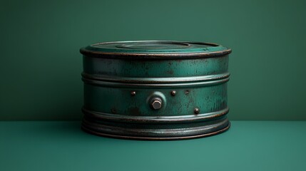 Vintage, weathered, teal-colored, metallic cylinder object on a dark green surface.
